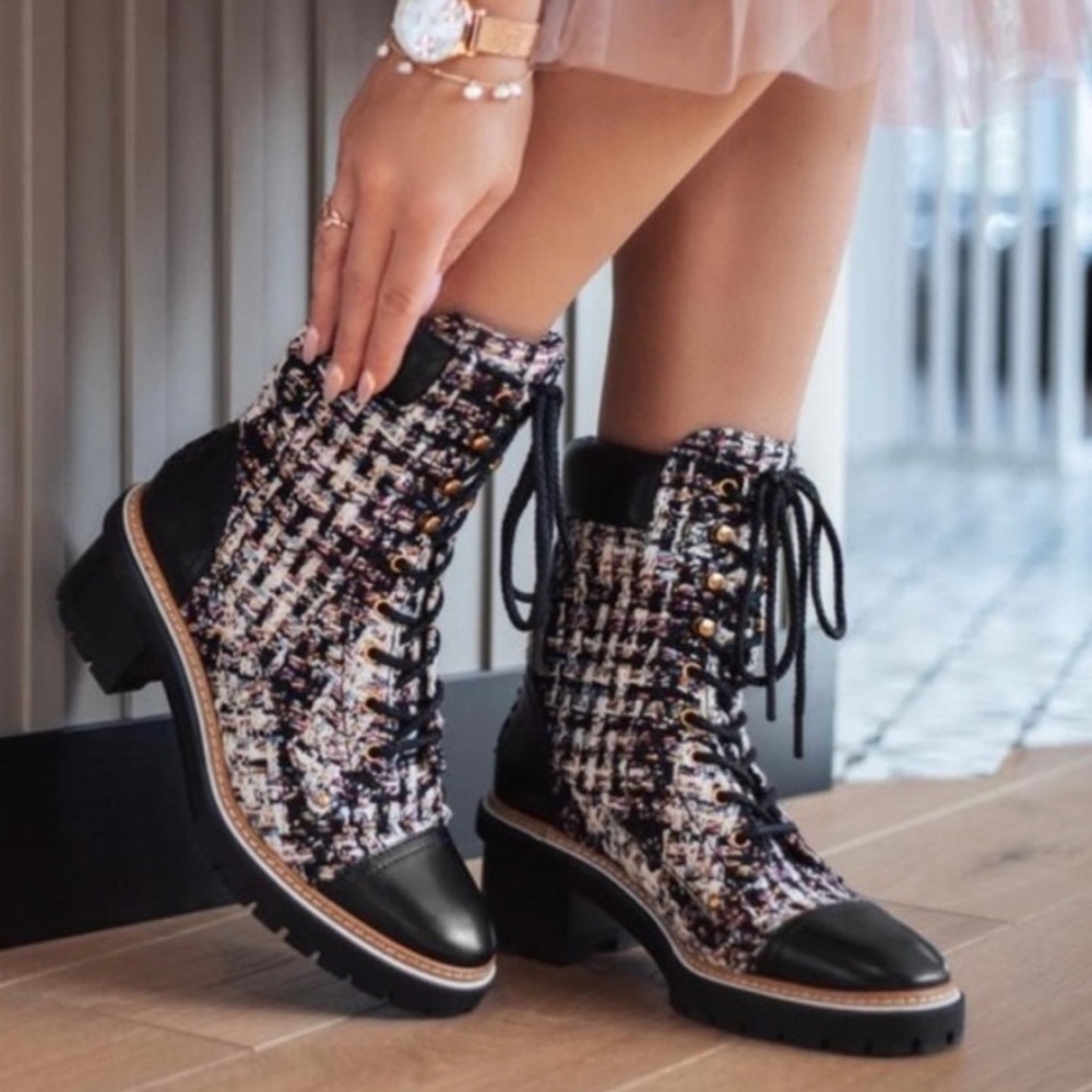 Tory Burch Miller tweed lace up lug boot